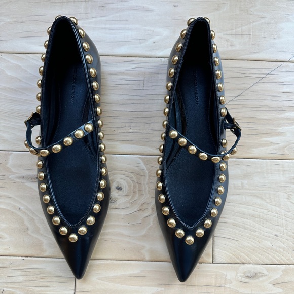 Rebecca Minkoff Milan Black and Gold Studded Mary Jane Pointed Toe Flats - Picture 2 of 12